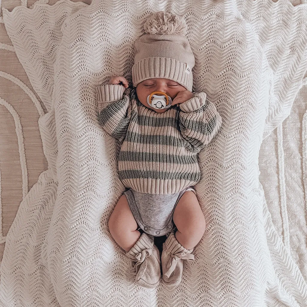 3 Little Crowns - Chunky Knit Jumper | Muted Green & Mushroom Stripes