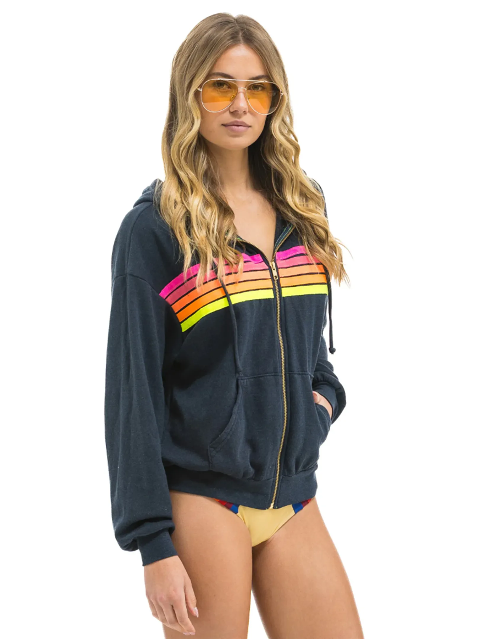 5 Stripe Relaxed Zip Hoodie, Charcoal/Neon