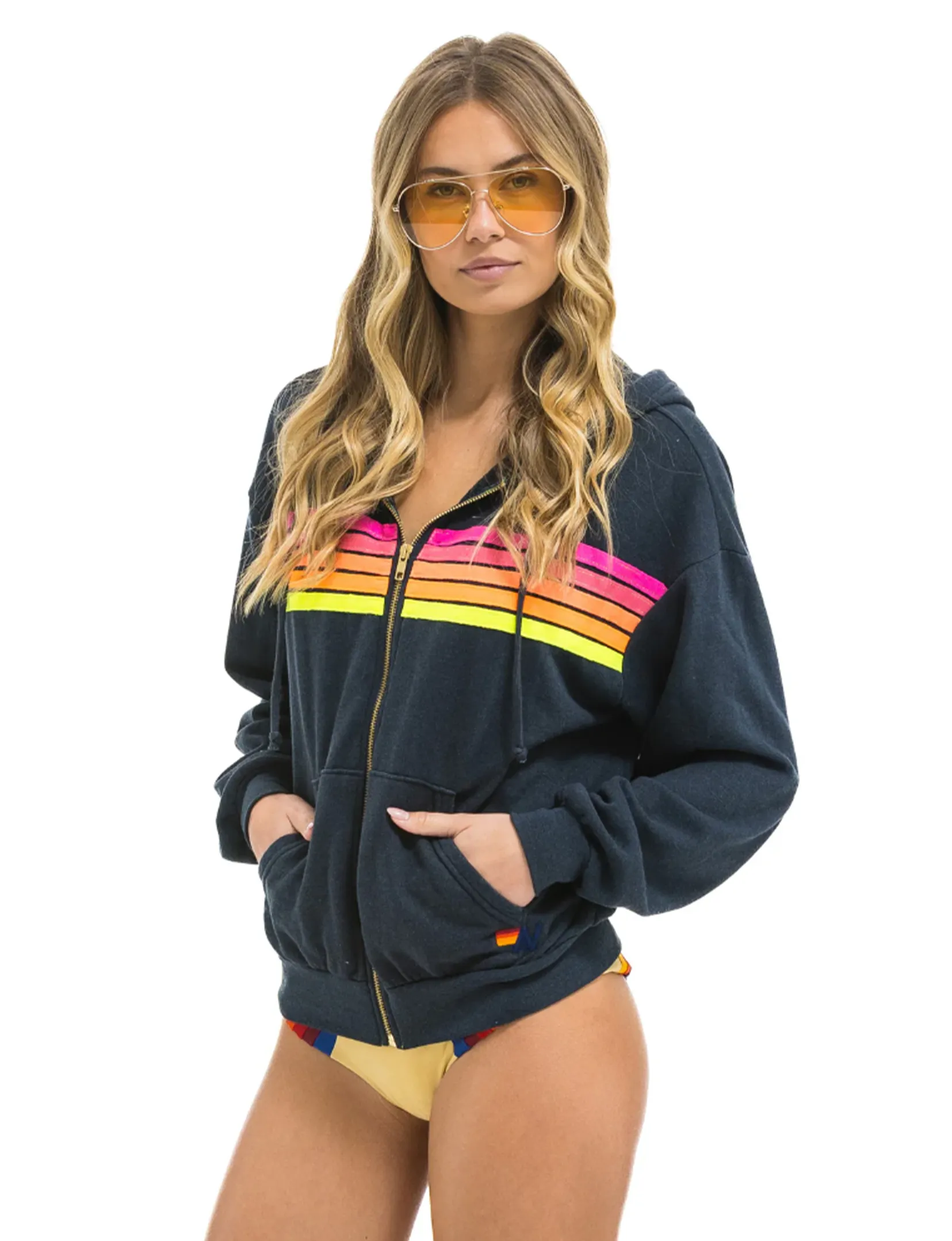 5 Stripe Relaxed Zip Hoodie, Charcoal/Neon