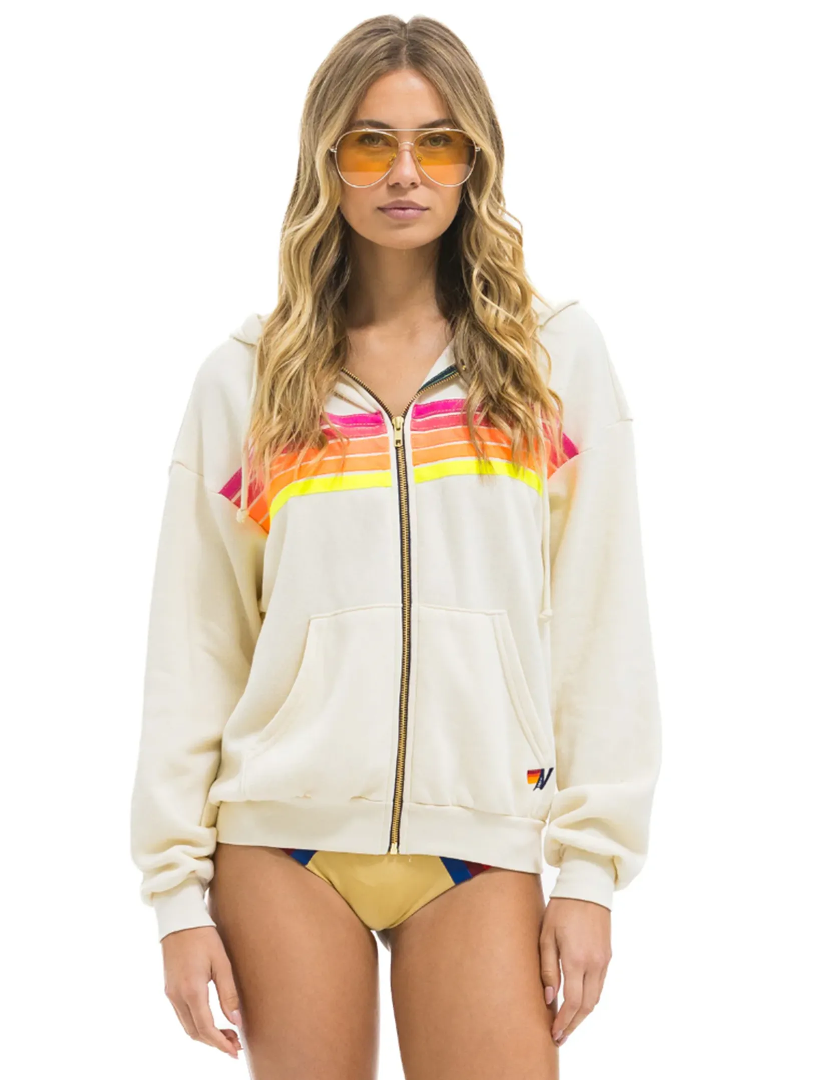 5 Stripe Relaxed Zip Hoodie, Vintage White/Neon