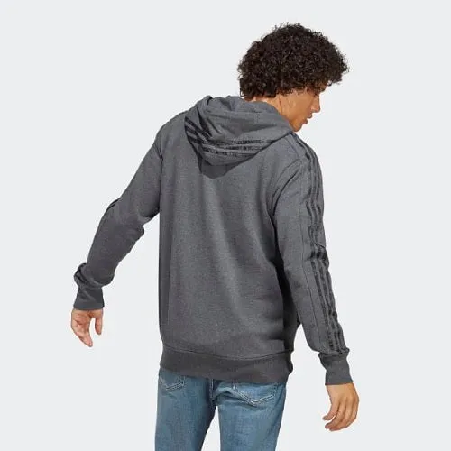 Adidas Mens 3 Stripes French Terry Hooded Jacket Dark Grey Heather/Black