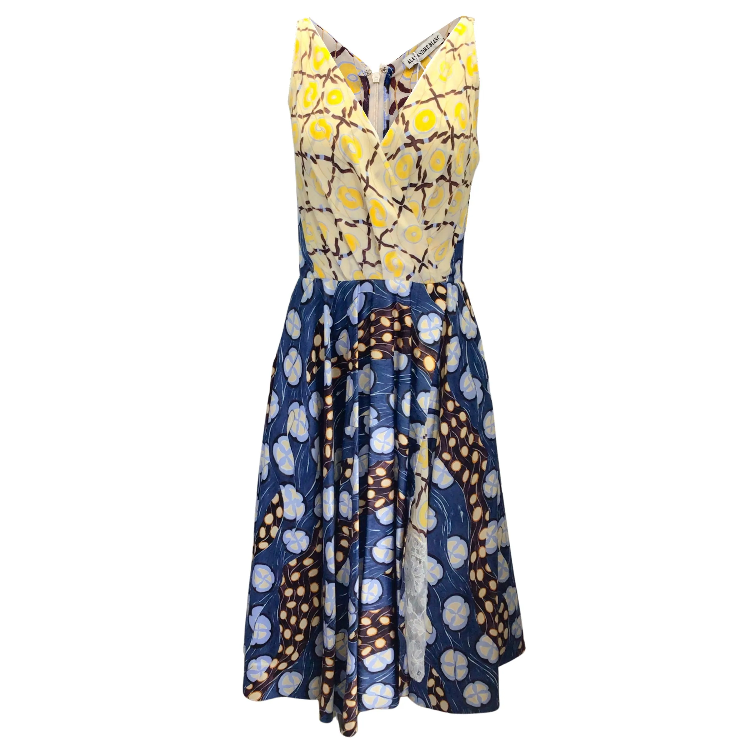 Alexandre Blanc Beige / Yellow / Blue Multi Sleeveless Crossover Midi Dress