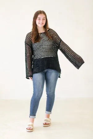 Amayah Oversized Sheer Crochet Pullover in Black
