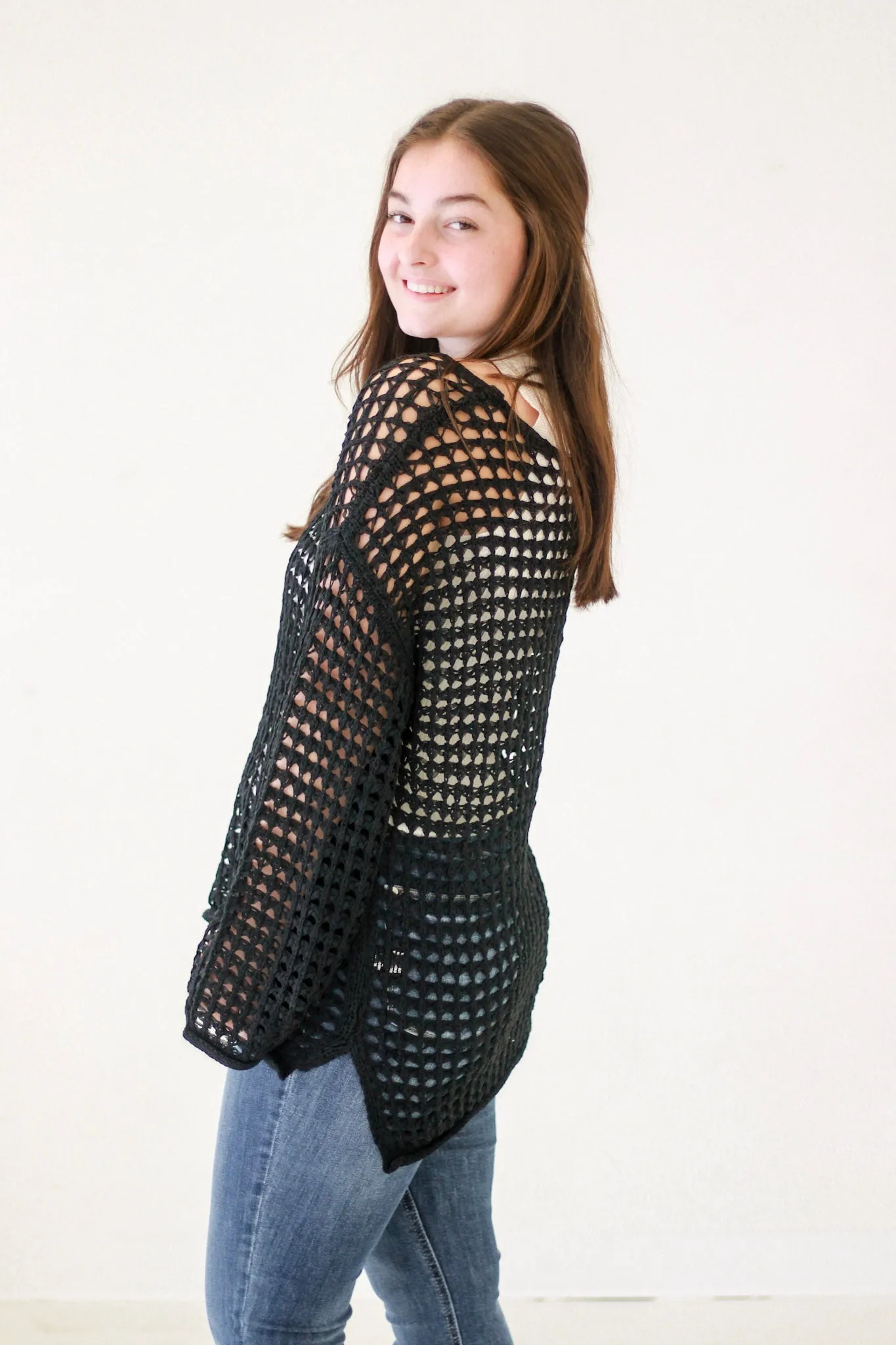 Amayah Oversized Sheer Crochet Pullover in Black