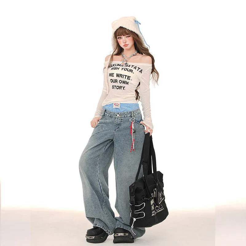 American Style Double Waist Loose Wide-Leg Jeans