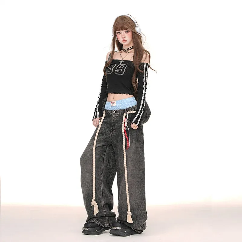 American Style Double Waist Loose Wide-Leg Jeans