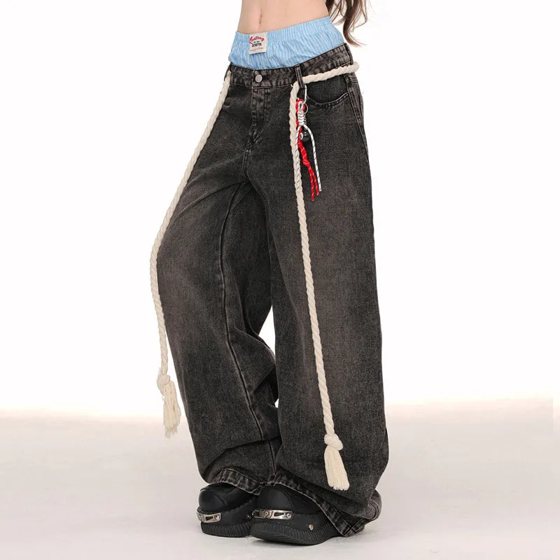 American Style Double Waist Loose Wide-Leg Jeans