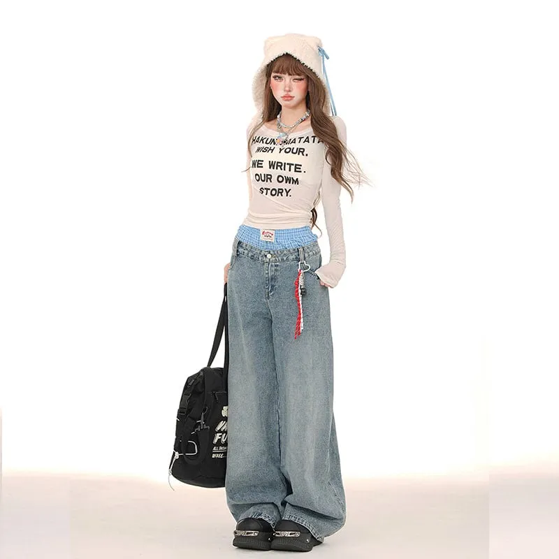 American Style Double Waist Loose Wide-Leg Jeans
