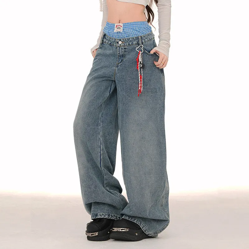 American Style Double Waist Loose Wide-Leg Jeans