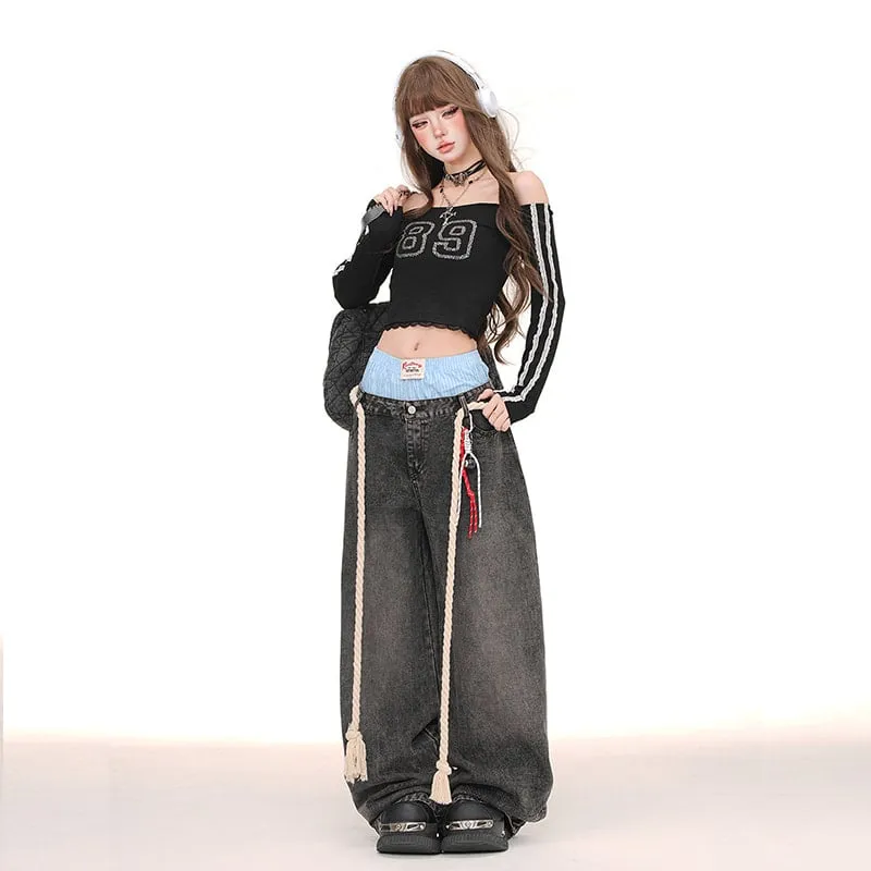 American Style Double Waist Loose Wide-Leg Jeans
