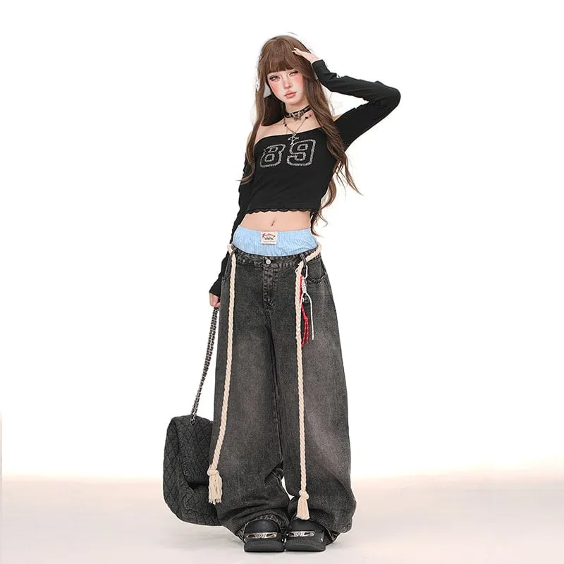 American Style Double Waist Loose Wide-Leg Jeans