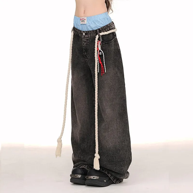 American Style Double Waist Loose Wide-Leg Jeans