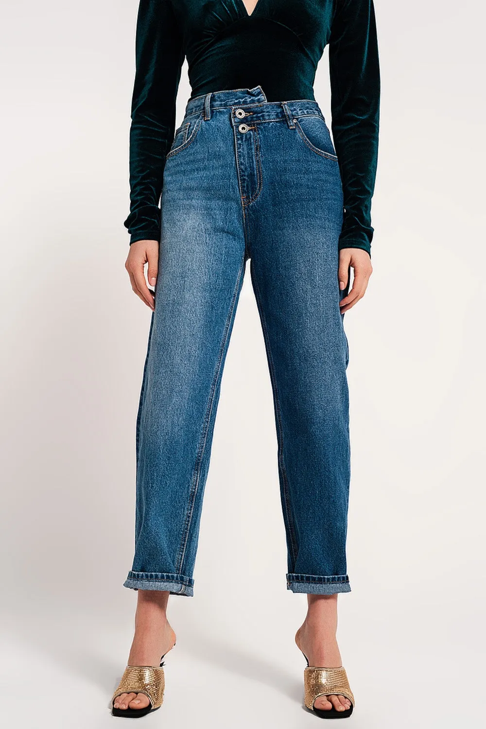 Asymmetric button detail straight jeans in mid blue