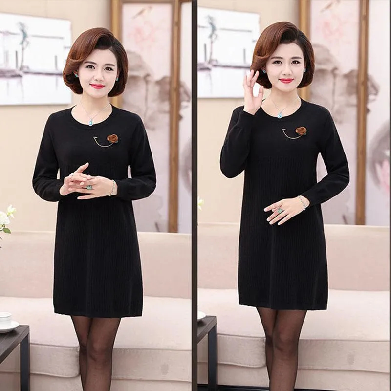 Autumn and Winter Long Knitted Dress Large Size Loose Casual Bottoming Skirt British Style Middle-aged Women Sweater Dress