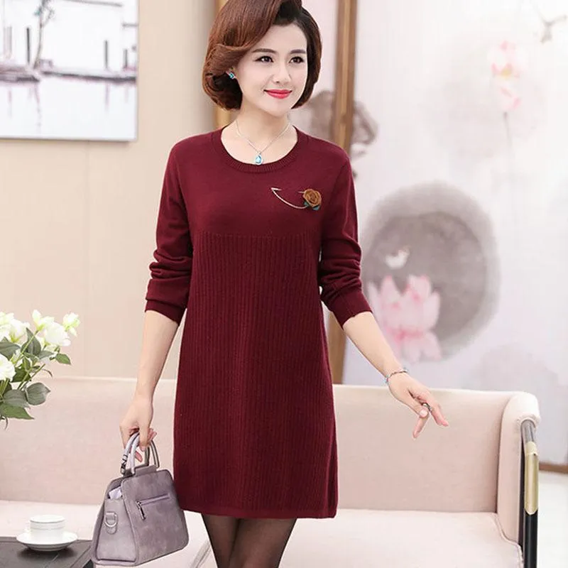 Autumn and Winter Long Knitted Dress Large Size Loose Casual Bottoming Skirt British Style Middle-aged Women Sweater Dress