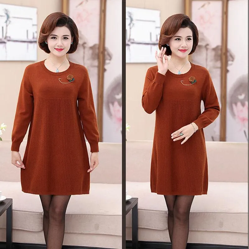 Autumn and Winter Long Knitted Dress Large Size Loose Casual Bottoming Skirt British Style Middle-aged Women Sweater Dress