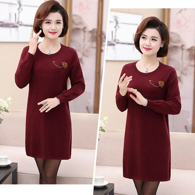 Autumn and Winter Long Knitted Dress Large Size Loose Casual Bottoming Skirt British Style Middle-aged Women Sweater Dress