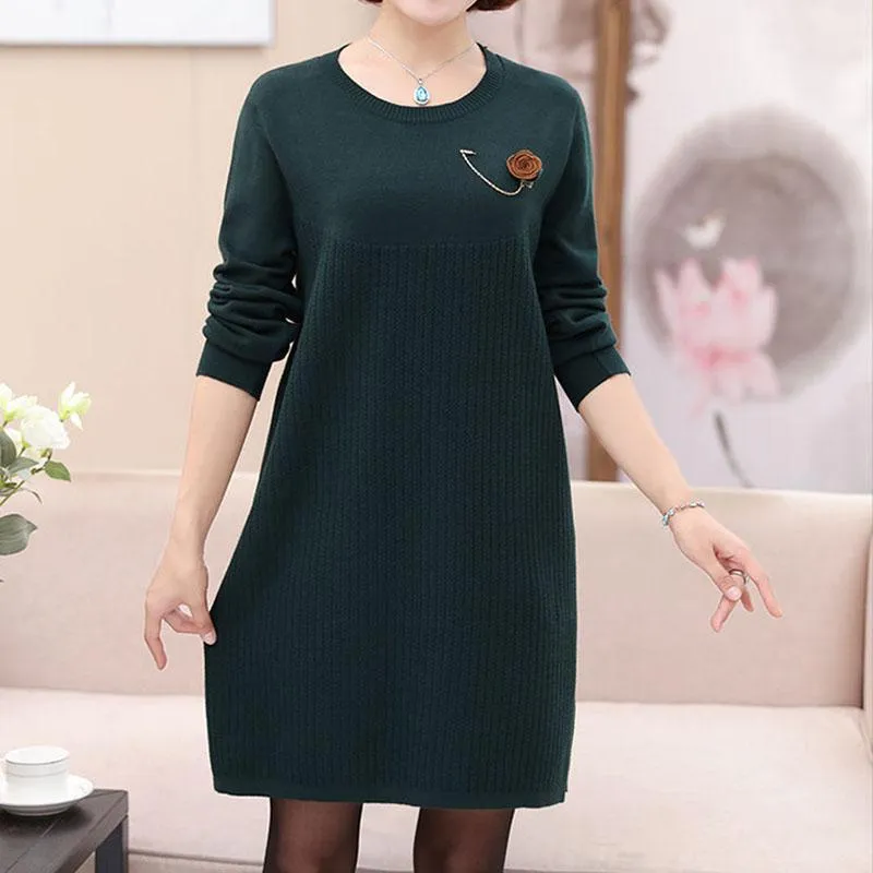 Autumn and Winter Long Knitted Dress Large Size Loose Casual Bottoming Skirt British Style Middle-aged Women Sweater Dress