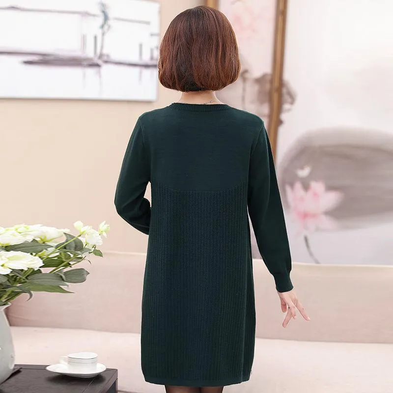 Autumn and Winter Long Knitted Dress Large Size Loose Casual Bottoming Skirt British Style Middle-aged Women Sweater Dress