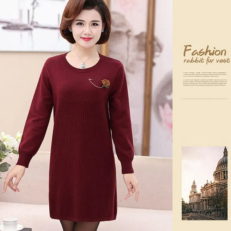 Autumn and Winter Long Knitted Dress Large Size Loose Casual Bottoming Skirt British Style Middle-aged Women Sweater Dress