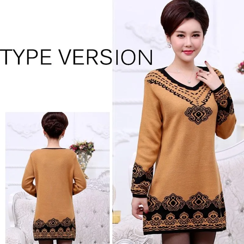 Autumn and Winter Plus Size Mid-length Dress Knitted Casual Print Base Skirt Simple Middle-aged Women Sweater Dress