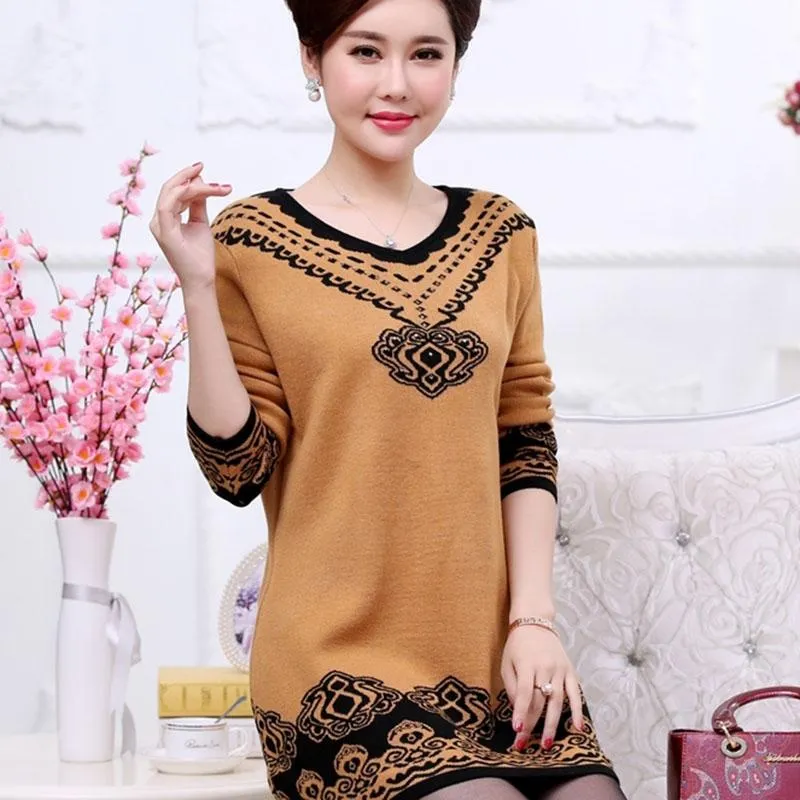 Autumn and Winter Plus Size Mid-length Dress Knitted Casual Print Base Skirt Simple Middle-aged Women Sweater Dress