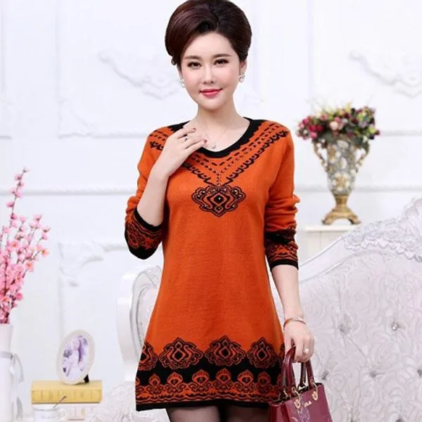 Autumn and Winter Plus Size Mid-length Dress Knitted Casual Print Base Skirt Simple Middle-aged Women Sweater Dress