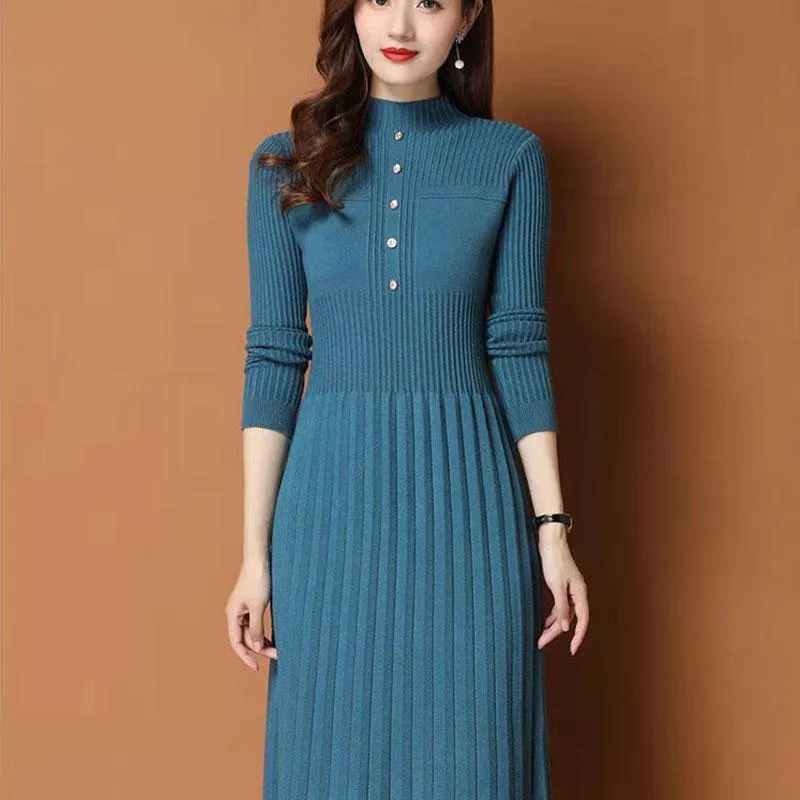 Autumn and Winter Thick Knitted Dress Mid-length Over The Knee Casual Bottoming Skirt Fashion Solid Color Women's Sweater Dress