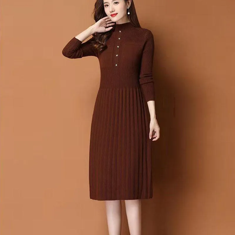 Autumn and Winter Thick Knitted Dress Mid-length Over The Knee Casual Bottoming Skirt Fashion Solid Color Women's Sweater Dress