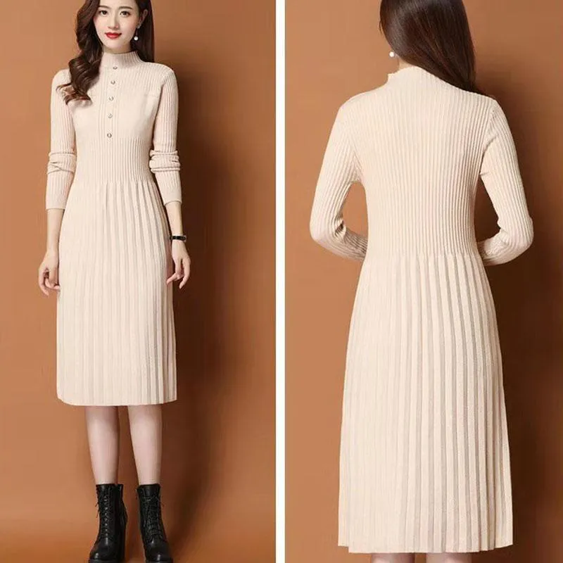 Autumn and Winter Thick Knitted Dress Mid-length Over The Knee Casual Bottoming Skirt Fashion Solid Color Women's Sweater Dress