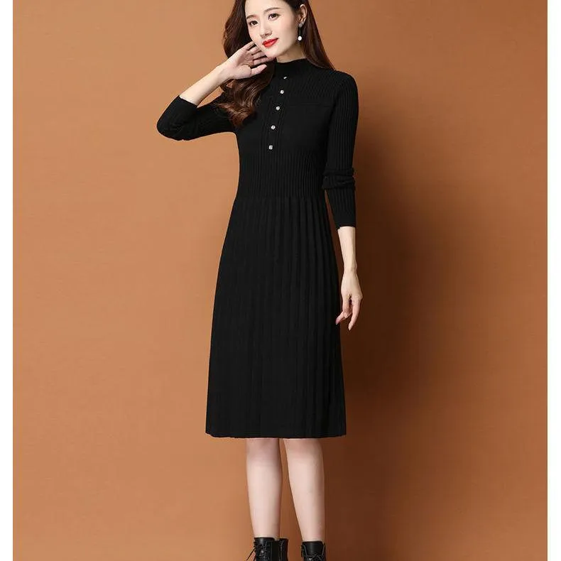 Autumn and Winter Thick Knitted Dress Mid-length Over The Knee Casual Bottoming Skirt Fashion Solid Color Women's Sweater Dress