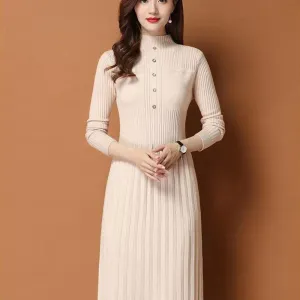 Autumn and Winter Thick Knitted Dress Mid-length Over The Knee Casual Bottoming Skirt Fashion Solid Color Women's Sweater Dress
