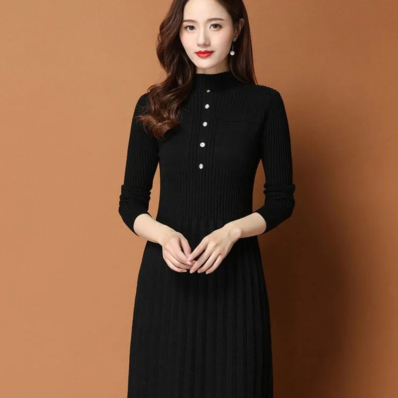 Autumn and Winter Thick Knitted Dress Mid-length Over The Knee Casual Bottoming Skirt Fashion Solid Color Women's Sweater Dress