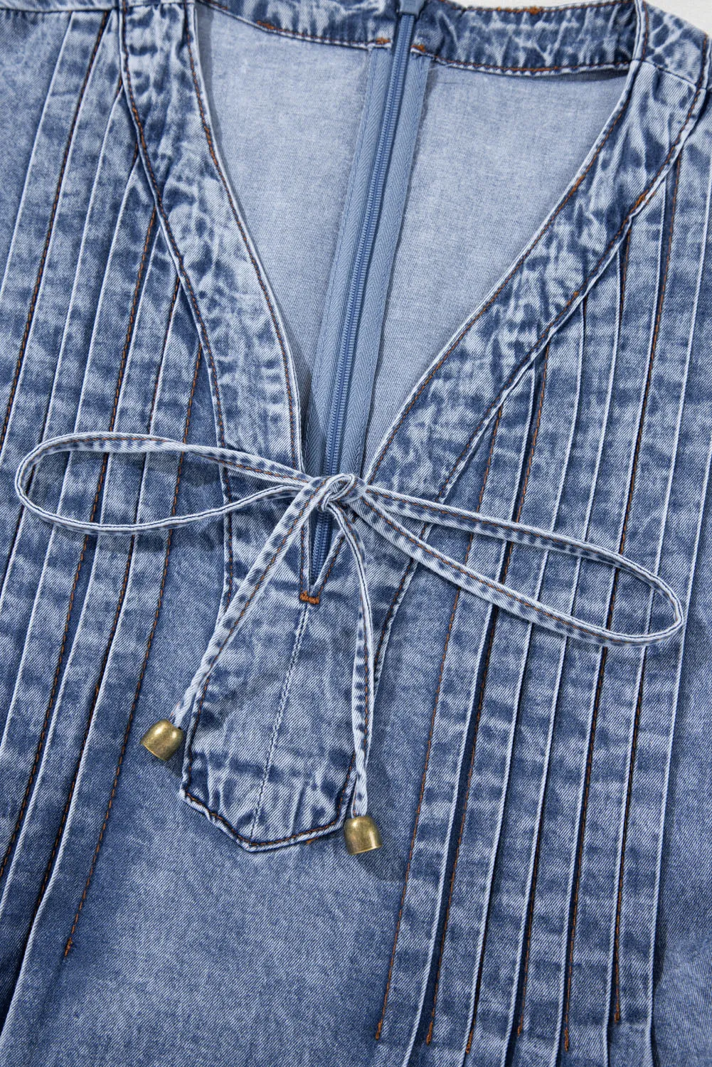 Beau Blue Tie V Neck Tucking Detail Short Sleeve Denim Shift Dress