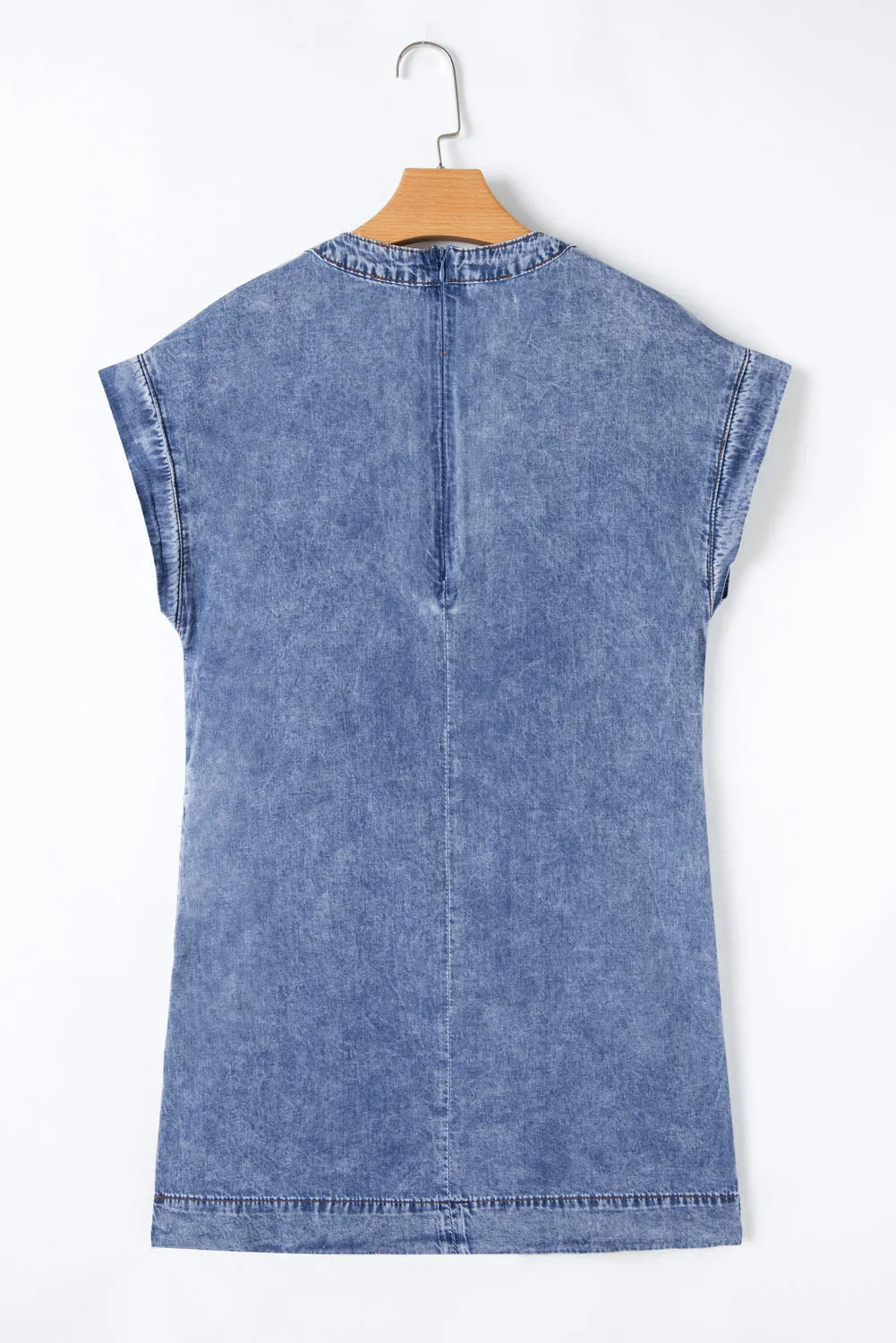 Beau Blue Tie V Neck Tucking Detail Short Sleeve Denim Shift Dress