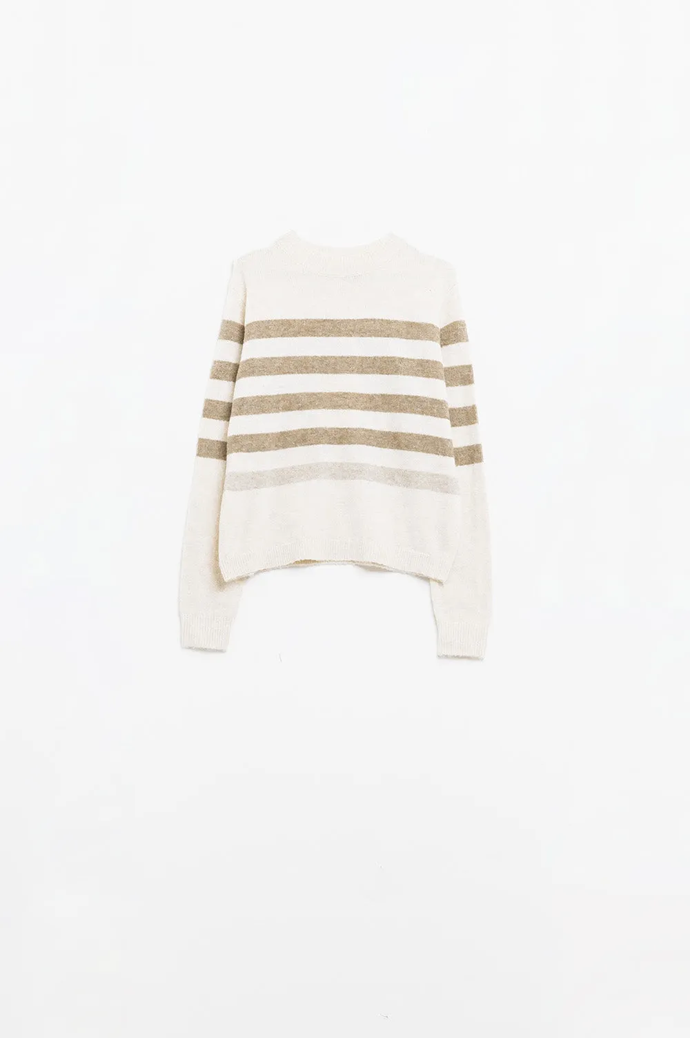 Beige soft knit sweater with camel stripes