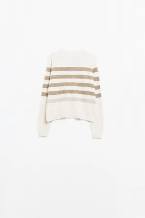 Beige soft knit sweater with camel stripes