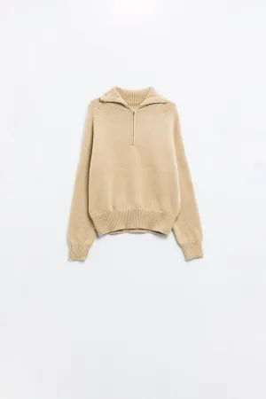 beige sweater with zipper closure