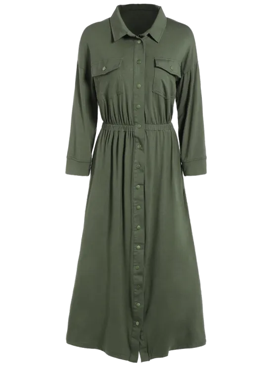 BerryBetty - Fashion Midi Shirt Military Dress With Pockets