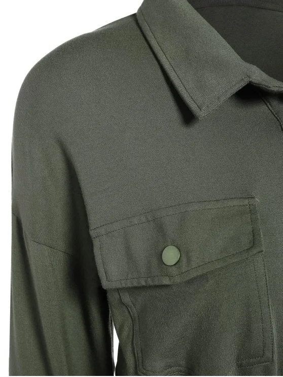 BerryBetty - Fashion Midi Shirt Military Dress With Pockets