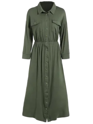 BerryBetty - Fashion Midi Shirt Military Dress With Pockets
