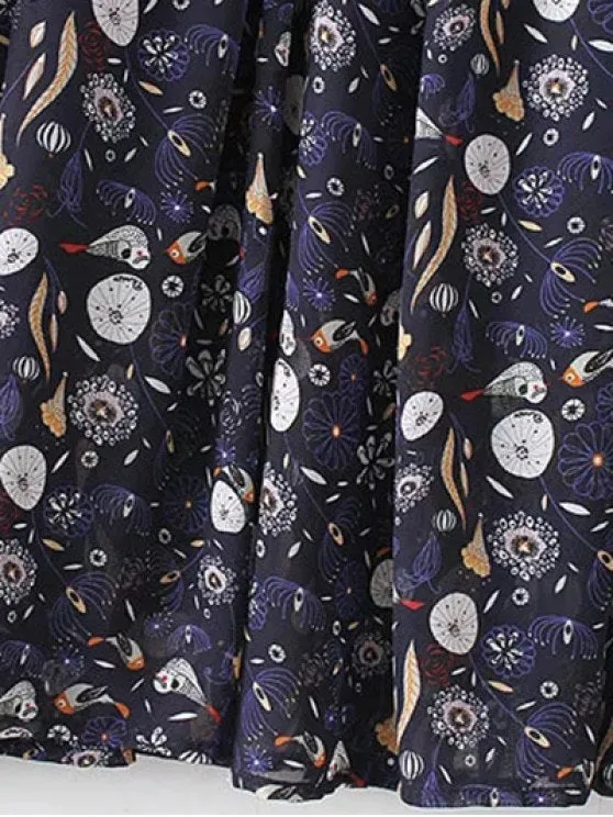 BerryBetty - Fashion Printed High Collar Chiffon Flowing Dress