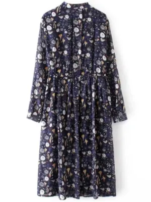 BerryBetty - Fashion Printed High Collar Chiffon Flowing Dress