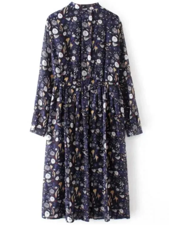 BerryBetty - Fashion Printed High Collar Chiffon Flowing Dress