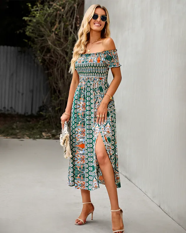 BerryBetty - Floral Off Shoulder Puff Sleeve Maxi Dress Vintage Boho Holiday Slash Neck Waist Tight Split Dress