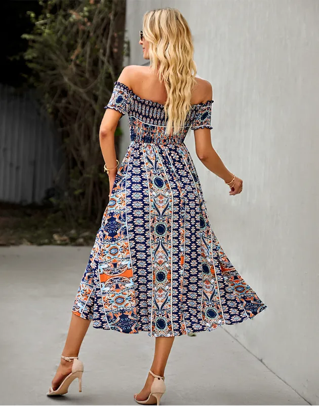 BerryBetty - Floral Off Shoulder Puff Sleeve Maxi Dress Vintage Boho Holiday Slash Neck Waist Tight Split Dress