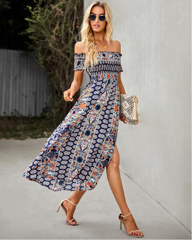 BerryBetty - Floral Off Shoulder Puff Sleeve Maxi Dress Vintage Boho Holiday Slash Neck Waist Tight Split Dress