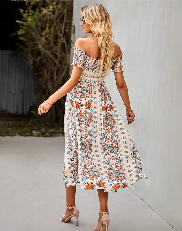 BerryBetty - Floral Off Shoulder Puff Sleeve Maxi Dress Vintage Boho Holiday Slash Neck Waist Tight Split Dress