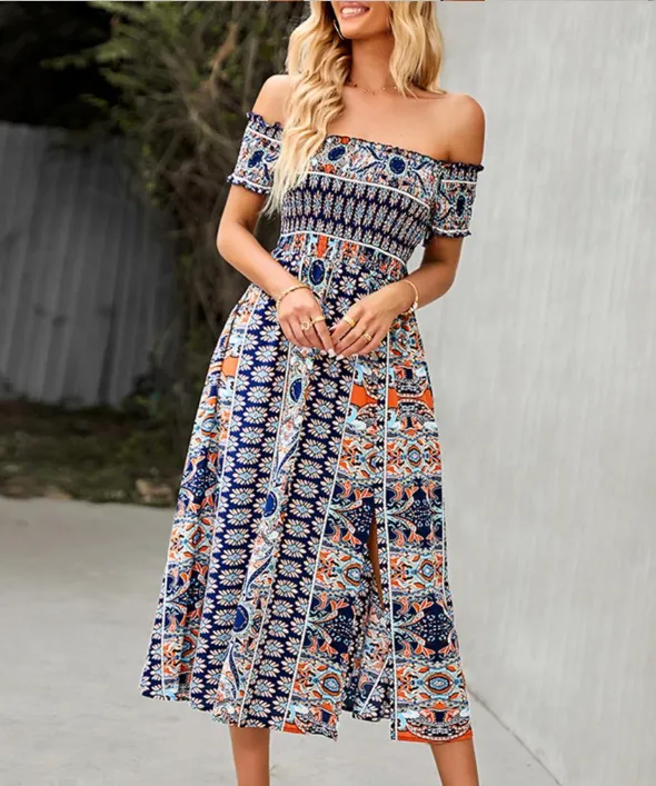 BerryBetty - Floral Off Shoulder Puff Sleeve Maxi Dress Vintage Boho Holiday Slash Neck Waist Tight Split Dress