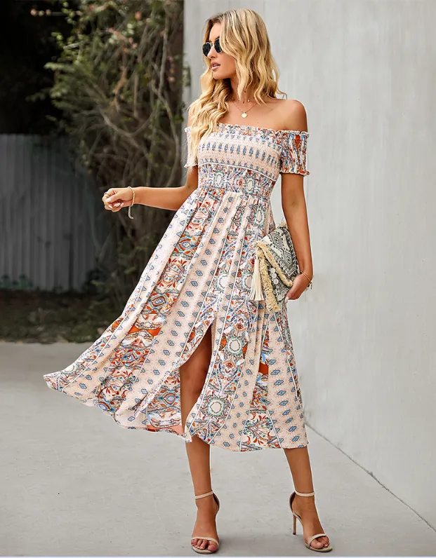 BerryBetty - Floral Off Shoulder Puff Sleeve Maxi Dress Vintage Boho Holiday Slash Neck Waist Tight Split Dress